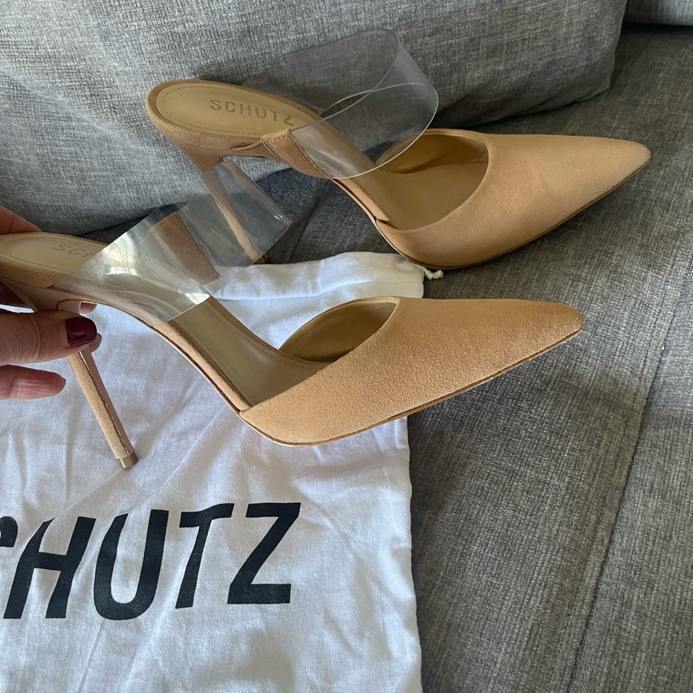 SCHUTZ Beige Mules Suade pumps sandals with clear Strap size 8 - Picture 8 of 9